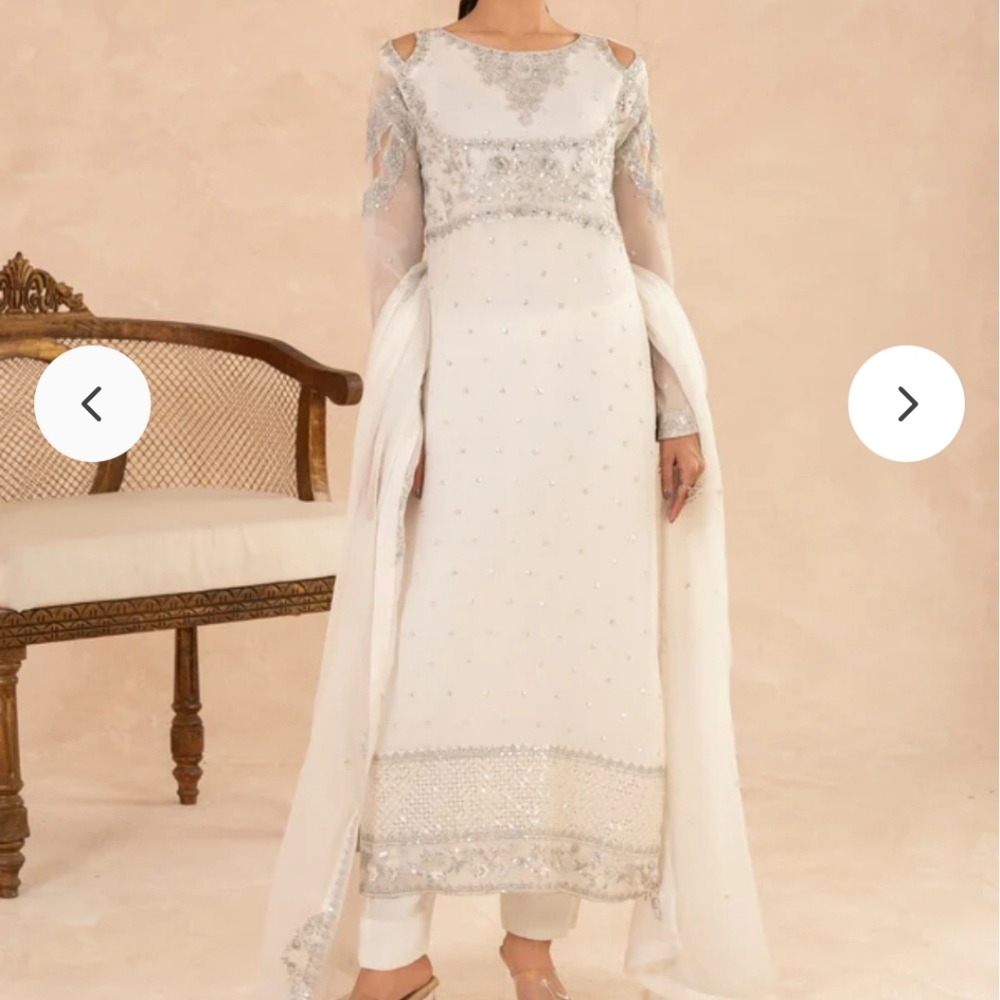Pakistani Suit 3 Piece Lux Chiffon White Long Sleeve Dress ww/Silver Accents